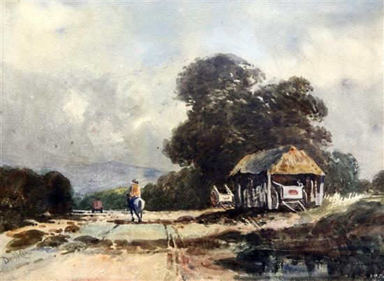 David Cox Jnr (1809-1885) Horse rider passing carts in a barn 8.5 x 12in.